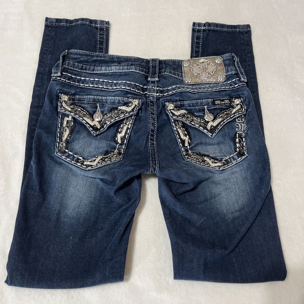 Miss Me Signature Women's Medium Wash Blue Skinny Jeans Bling Pockets Sz 27x31